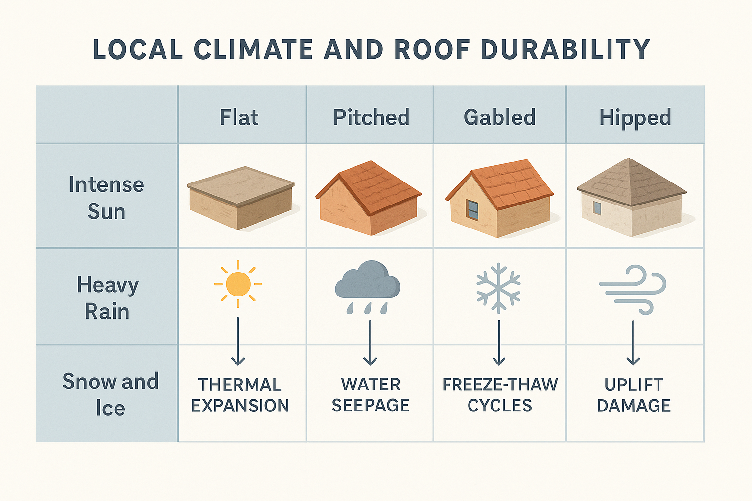 SP-how local climate affects roof lifespan Infographic showing four roof types and weather icons for sun, rain, snow, and wind. Arrows and labels illustrate how different climates impact roof durability, with subtle texture effects representing damage like fading, cracking, water seepage, and uplift. Clean, modern educational design.