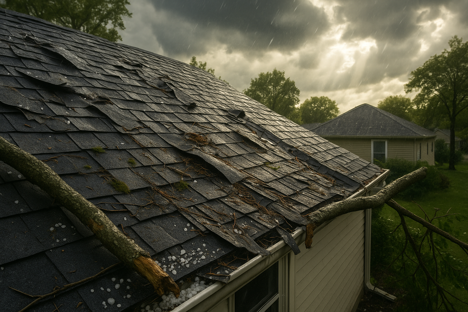 Suburban house roof after a severe storm, showing missing asphalt shingles, exposed decking, scattered hailstones, debris, and a fallen tree limb damaging gutters and tiles. Rainwater glistens on cracked surfaces; dramatic clouds and light highlight further roof and siding damage.