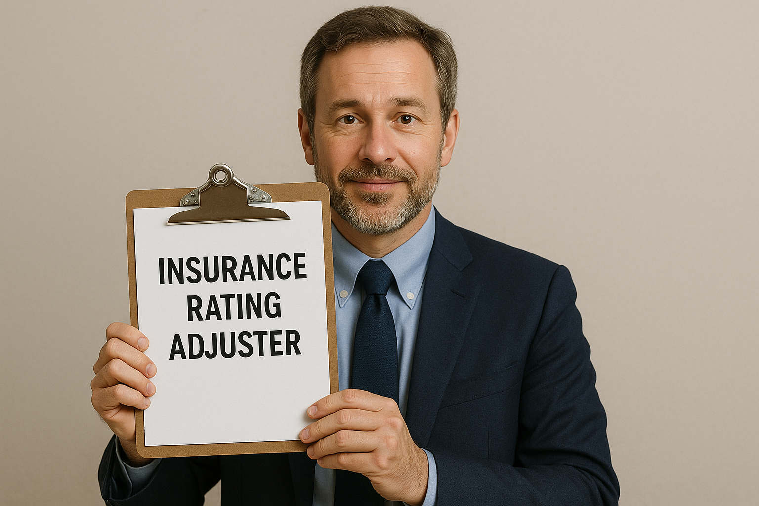 A clipboard labeled 'Insurance Rating Adjuster' held by a person inspecting roof damage, symbolizing the roof insurance claim assessment process.