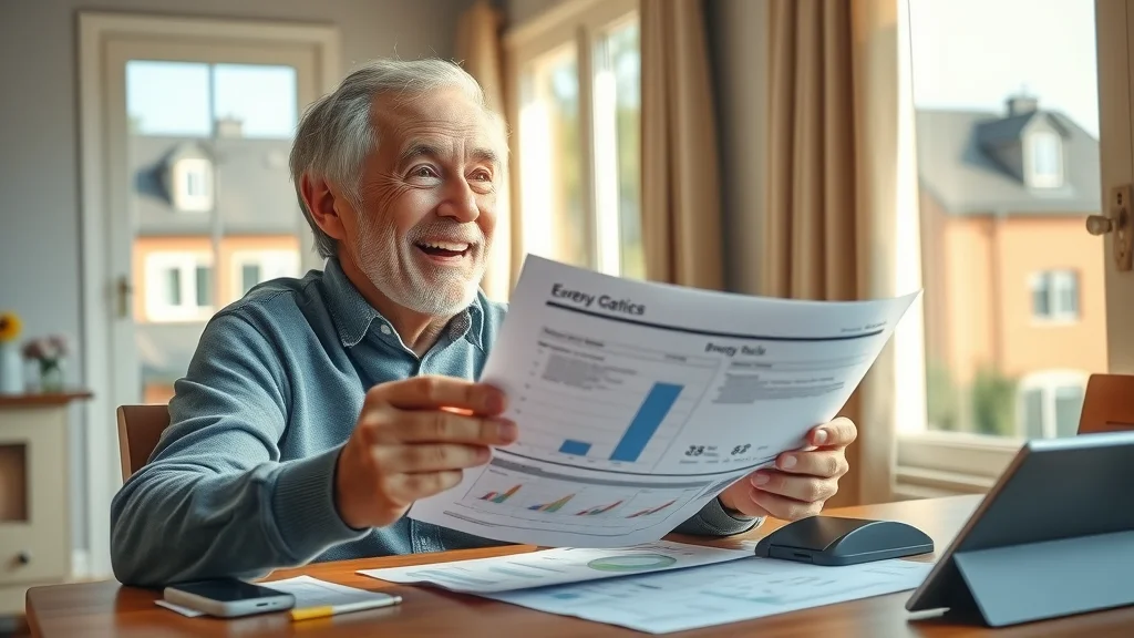 Happy middle-aged homeowner reviewing energy bills at a dining table with a modern, energy efficient roof visible through the window, representing savings from roof replacement.