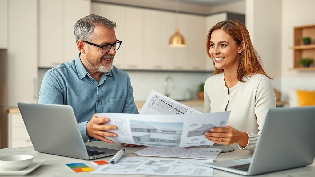 Homeowner discussing flat and sloped roof replacement plans with a roofing consultant, showing digital plans and roof designs.