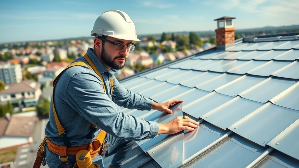 Experienced roofing contractor installing energy efficient reflective roof panels on a suburban home, ensuring best practices for energy efficiency and home improvement.