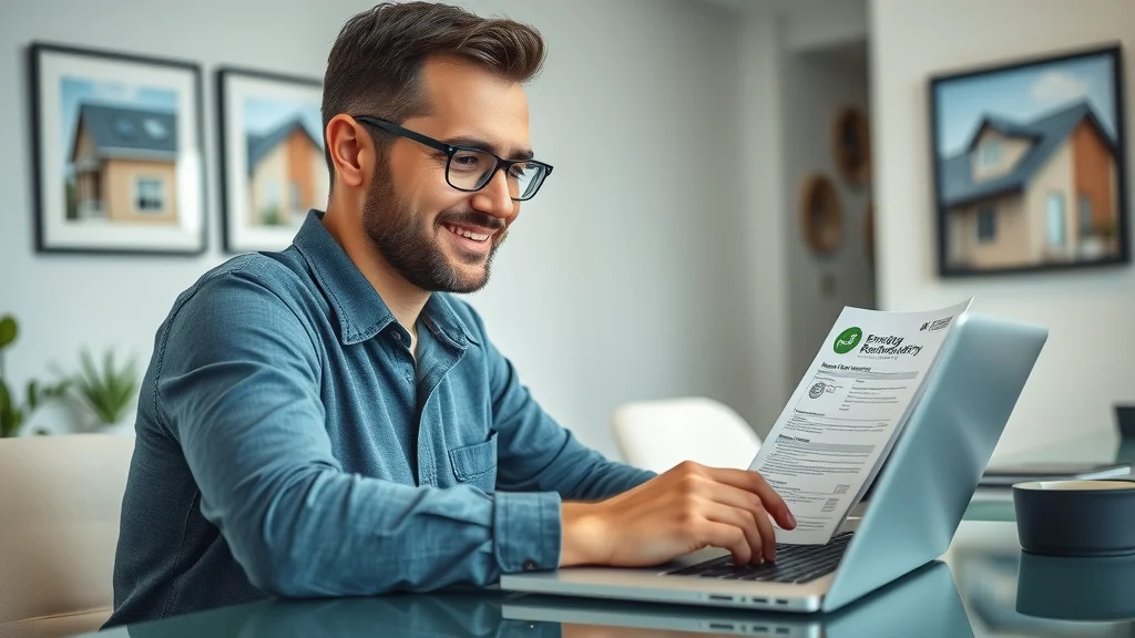 Modern homeowner with a laptop applying for energy credit in a home office, displaying energy efficiency certificates and roof renovation documents on a desk.