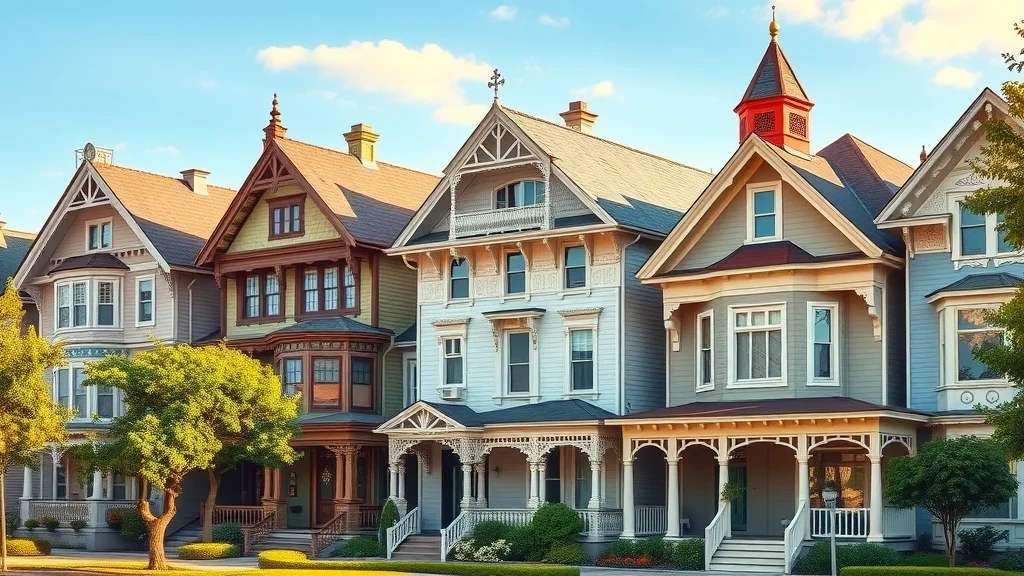 various historic home styles with ornate rooflines and period features