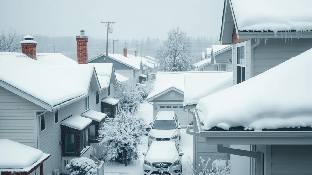 Residential and commercial rooftops covered in snow and icicles, showing how weather affects roofing materials in winter months