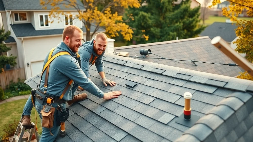 Roofing team installing shingles on a sloped residential roof, illustrating labor intensity of sloped roof replacement.