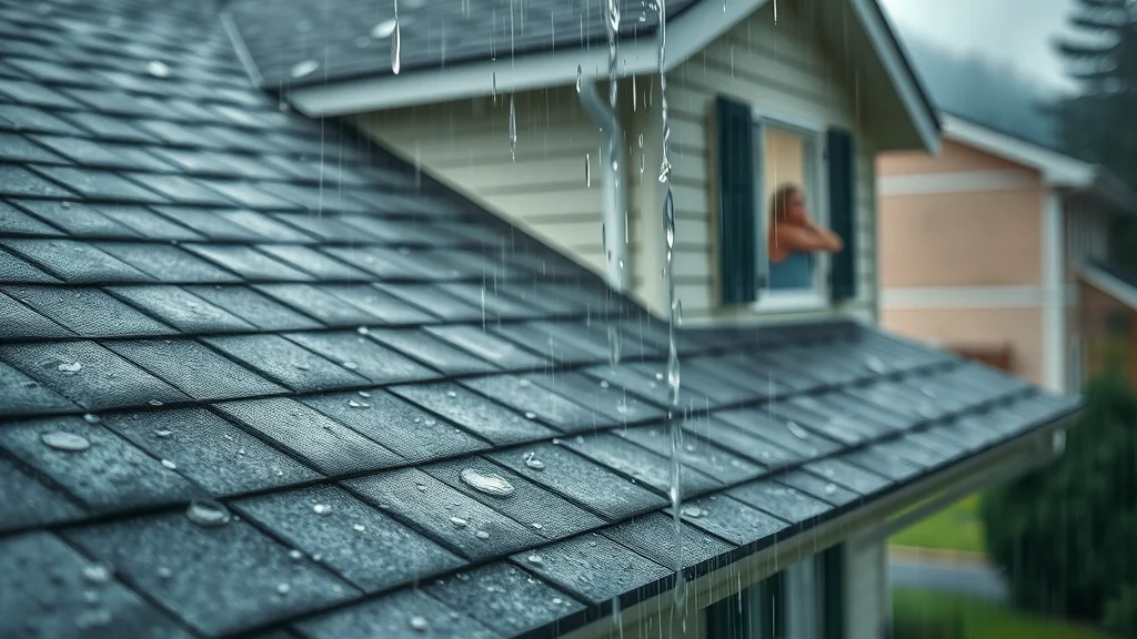 Heavy rain cascading over a residential roof with visible gutter overflow, demonstrating the impact of sustained rainfall on roofing materials