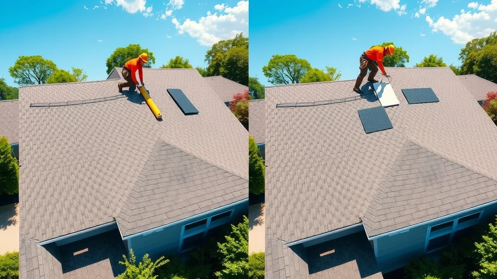 Side-by-side rooftop views of new roof installation vs roof repair; how to read a roofing quote for different roof projects.