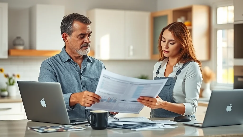Professional homeowner and roofing contractor reviewing a roofing quote together in a well-lit modern kitchen; roofing samples, documents, and laptop present; how to read a roofing quote.
