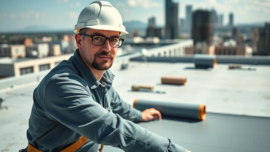 Professional roofing contractor applying a waterproof membrane on a flat commercial roof for a flat roof replacement.