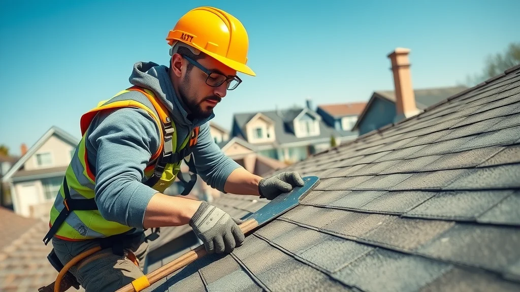 roof replacement process professional roofer removing old shingles with safety gear clear blue sky and home background