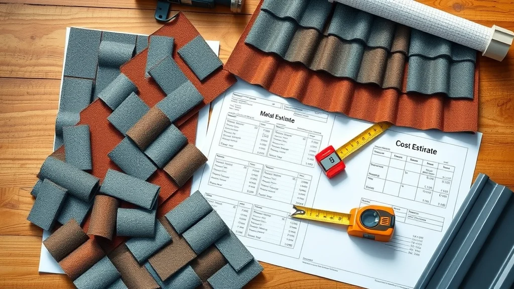 roofing material samples including asphalt shingles architectural shingles and metal roof on blueprint with tape measure
