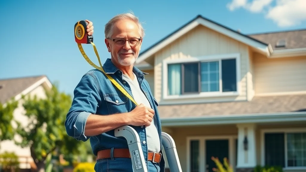 confident homeowner measuring roof edge with tape measure on ladder suburban house bright sky and green garden