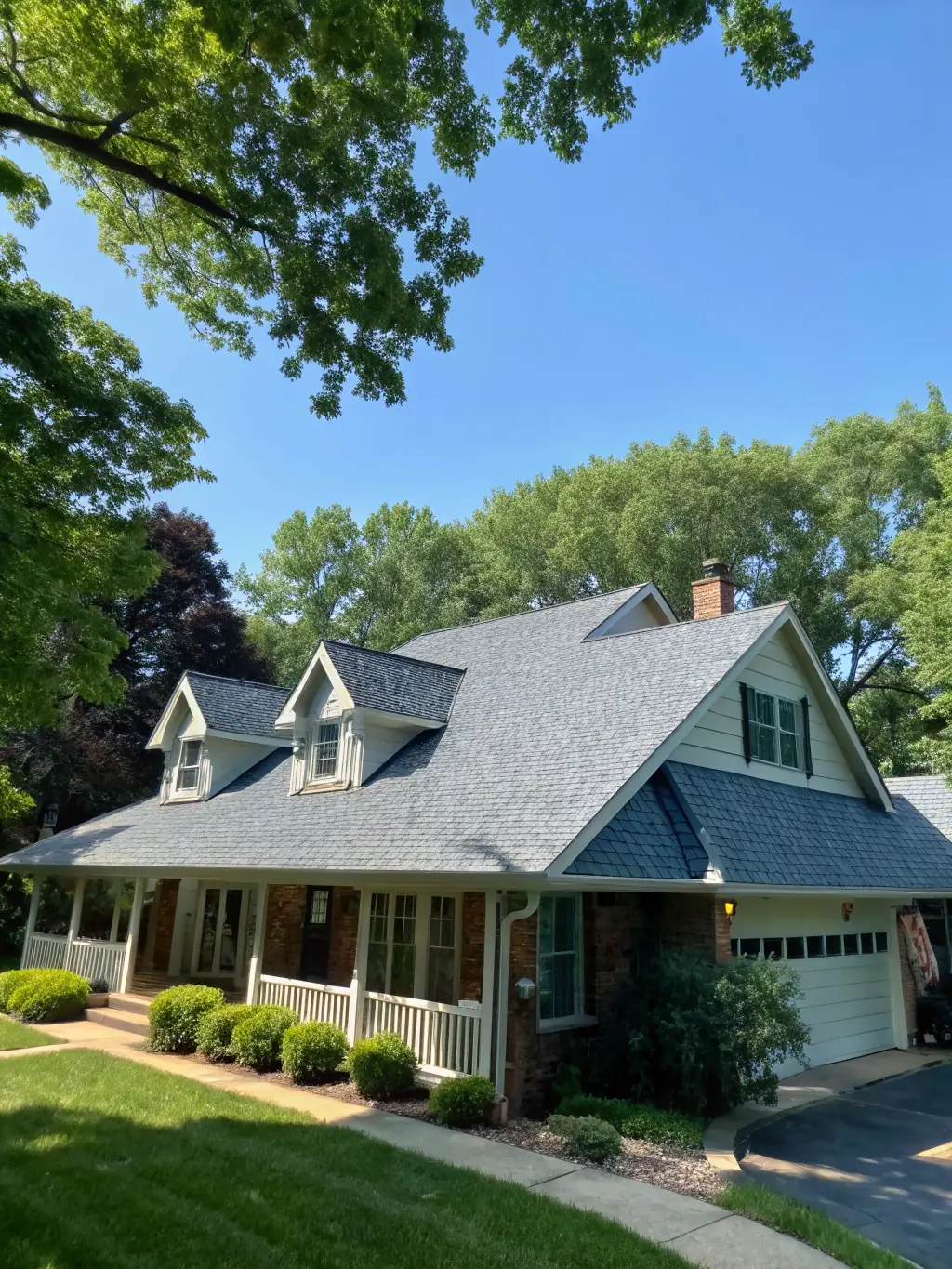 A high-angle shot of a newly installed residential asphalt shingle roof, showcasing clean lines and quality workmanship, with a suburban home in the background.