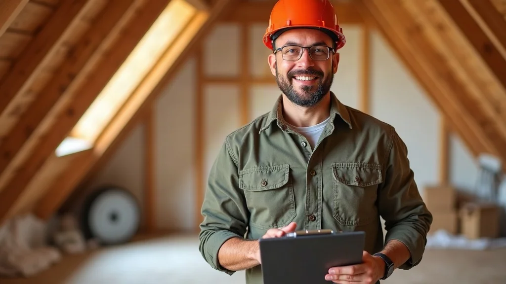 roofing contractor attic inspection - Professional, smiling roofing contractor doing attic inspection in a bright, organized attic with new insulation.
