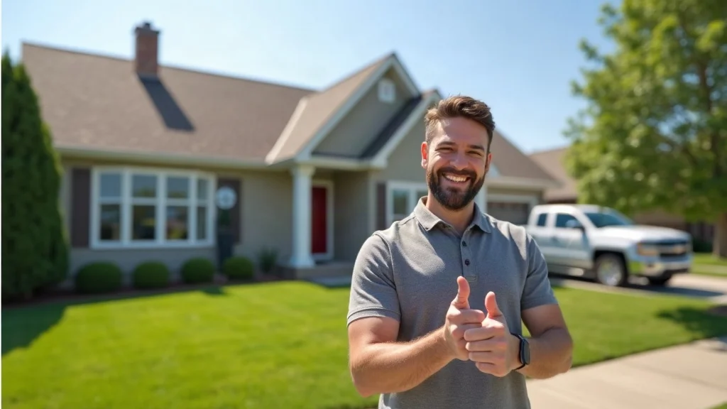 Happy Wentzville homeowner in front of newly replaced roof with a thumbs up