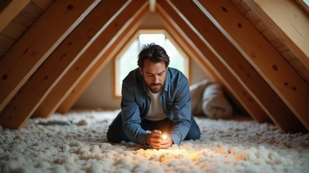 attic inspection before roof replacement - Professional inspector in a modern attic using flashlight to check insulation and beams. Well-lit, natural wood tones, high depth of field.