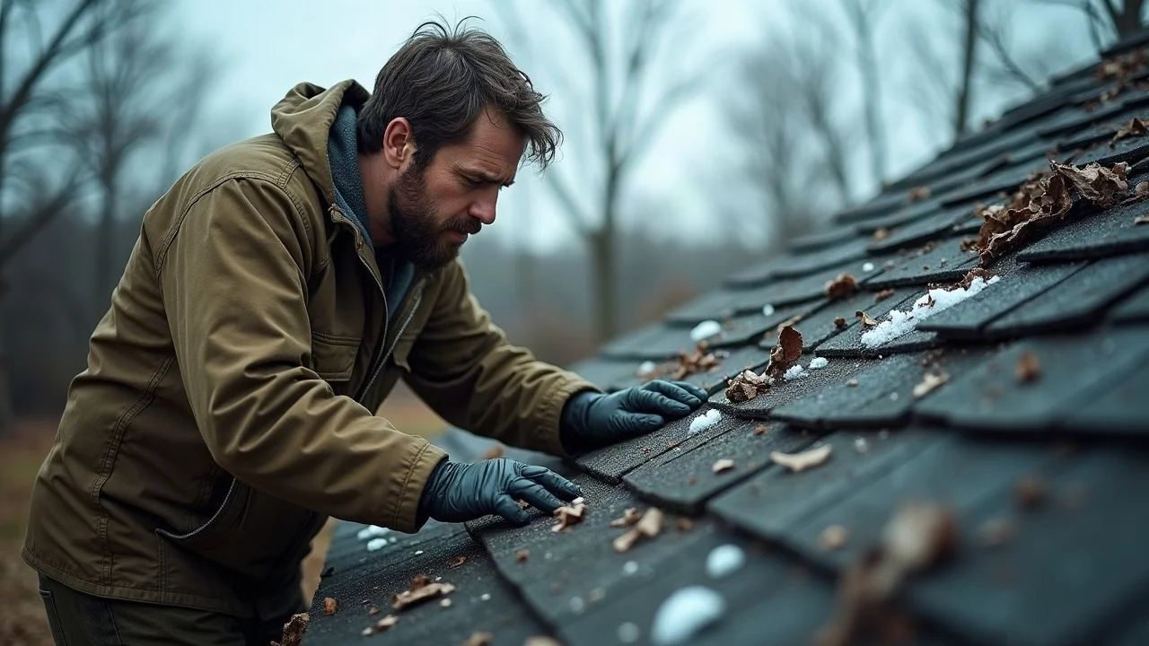 Roofing expert inspects hail storm damage on a Wentzville roof after recent storm