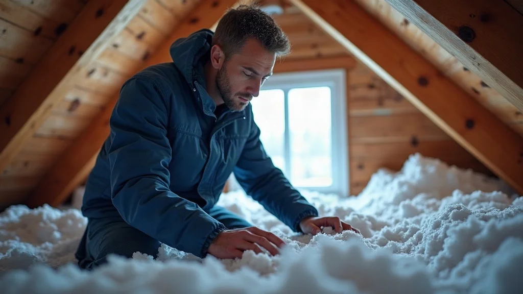 winter roof problems attic inspection - Inspector lifting insulation to check attic in Pittsburgh home with visible snowy rooftops and cold breath vapor, under seasonal winter conditions.