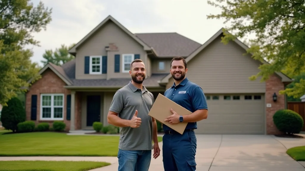 Roof replacement Wentzville—local roofing contractors presenting materials in front of a new roof in a suburban neighborhood
