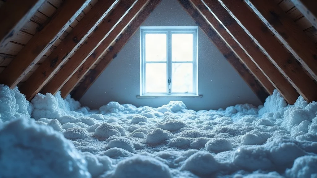 winter roof problems attic ice dam - Attic insulation showing ice dam formation, condensation, and frost buildup as common winter roof problems detectable before roof replacement.