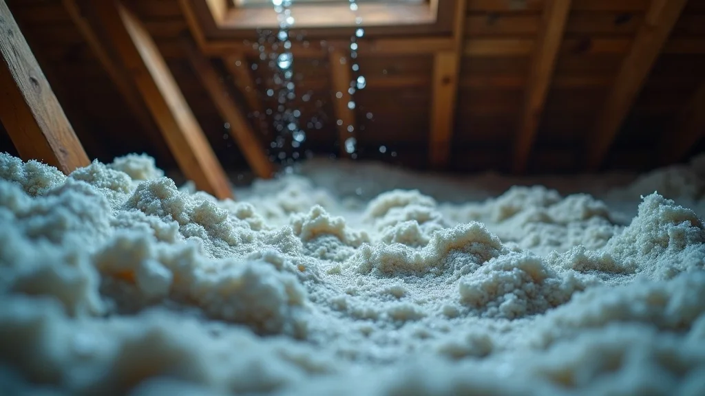 deteriorating attic insulation and visible roof leak - Water stains and slight mold spots on attic insulation and beams, highlighting roof problems before roof replacement.