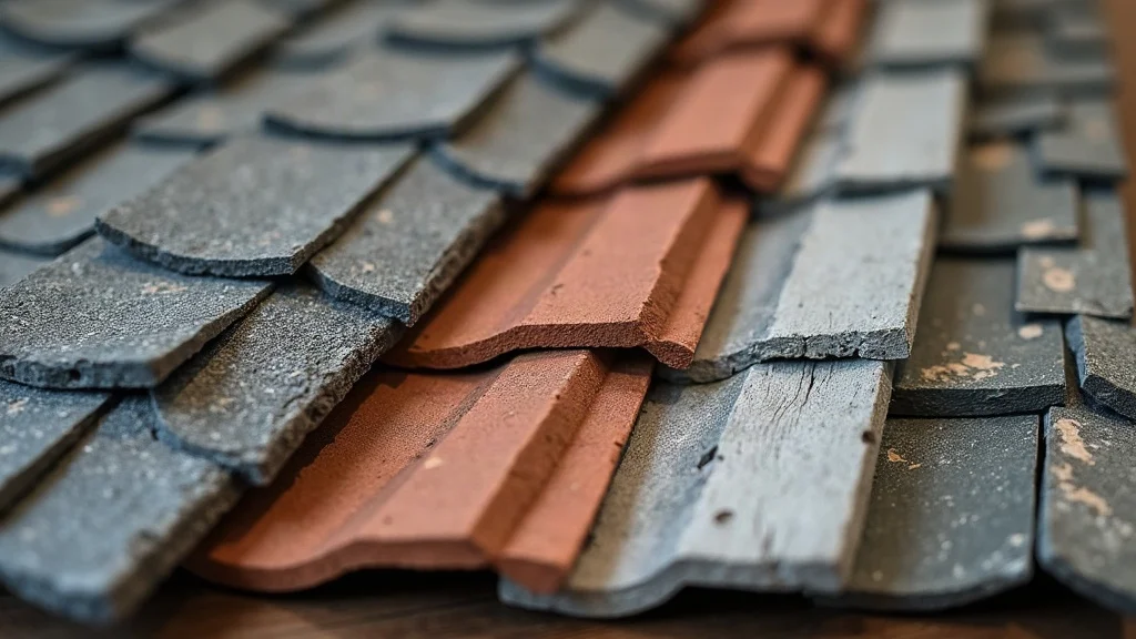 Five roofing material types: asphalt shingles, metal panels, clay tiles, wood shakes, and natural slate - showroom display