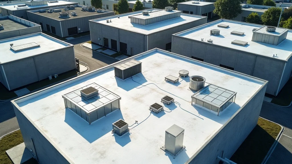 Modern commercial rooftop showing flat, low-slope, and pitched commercial roofing systems in an urban district with HVAC units and contrasting roof materials.