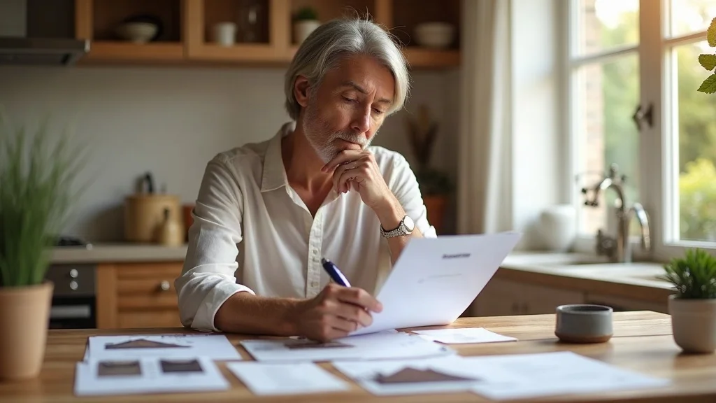 Homeowner reviewing estimates and roof samples - planning roof replacement cost