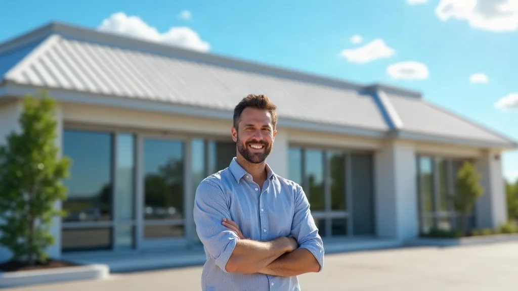 Confident business owner stands in front of a clean, modern commercial building with a new commercial roof, mid-day sun highlighting pristine installation.