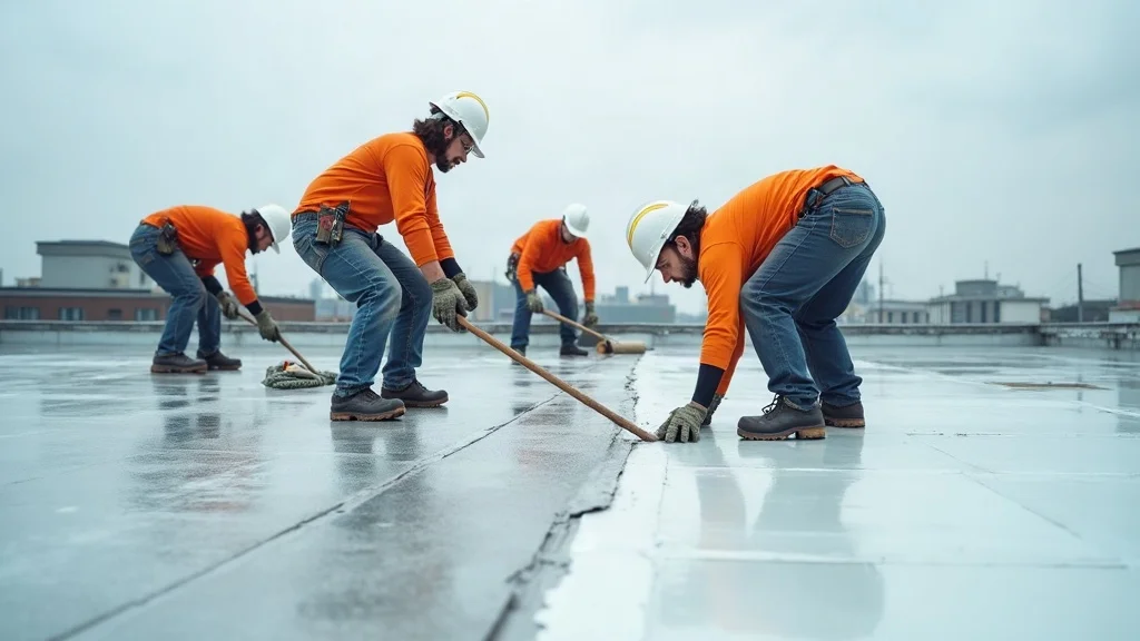 Professional roofing crew efficiently working on a large flat commercial roof, installing membrane materials.