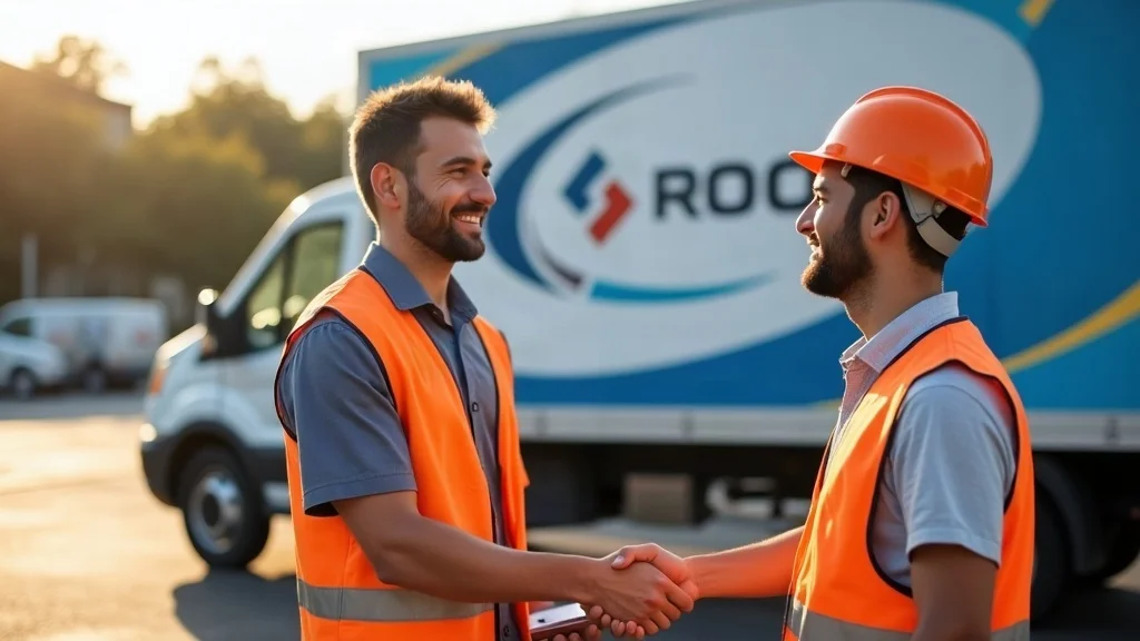 Friendly roofing professional greeting a business owner for local commercial roof service, both smiling beside a branded service truck.