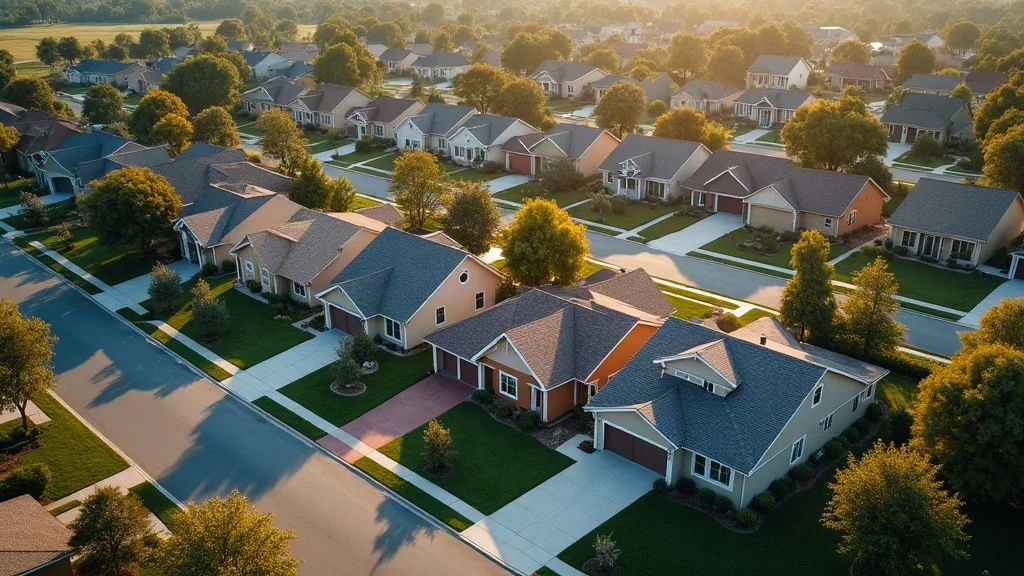 Aerial view of various roof replacements in a suburban neighborhood - how much does it roughly cost to replace a roof