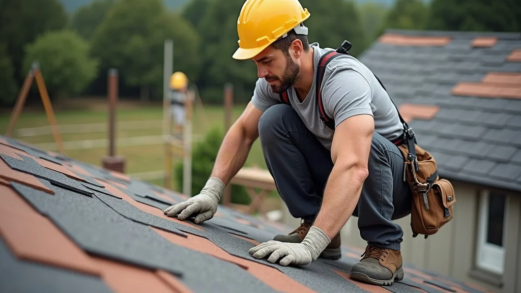 Roofing contractor laying shingles - roof replacement cost