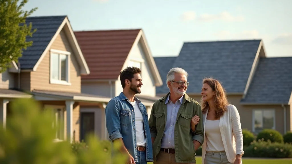Modern and traditional homes with asphalt shingles, metal, clay tiles, and slate roofs in a suburban neighborhood - different types of roofing materials