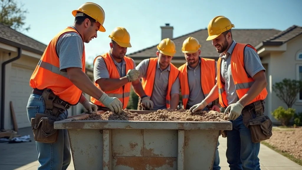 Professional roofing crew disposing old materials - roofing contractor replacement cost savings
