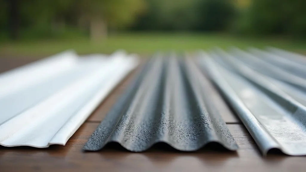 Close-up of TPO, EPDM, and metal roofing samples for commercial roof comparison, side by side on an outdoor table.