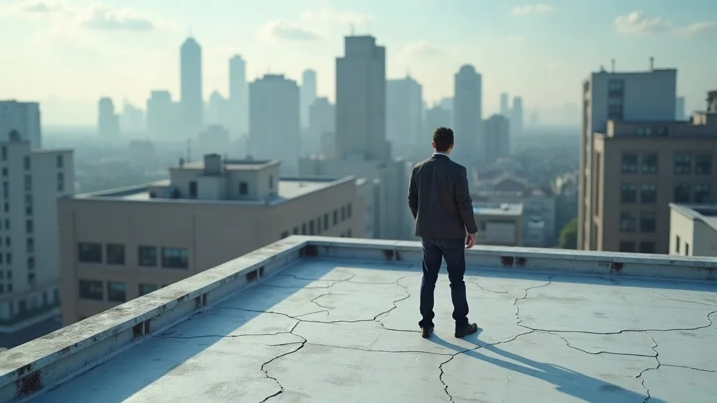 Worried commercial building owner surveying a large, flat rooftop with visible wear and tear, focusing on commercial roofing damage, photorealistic cityscape.