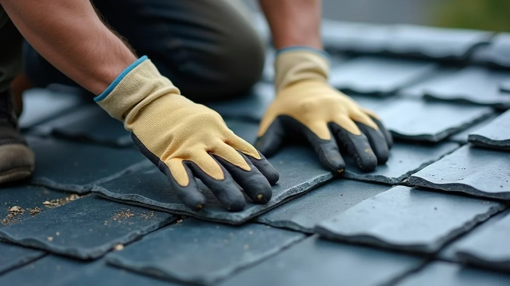 Hands placing natural slate on a roof - installation detail - natural slate roofing material